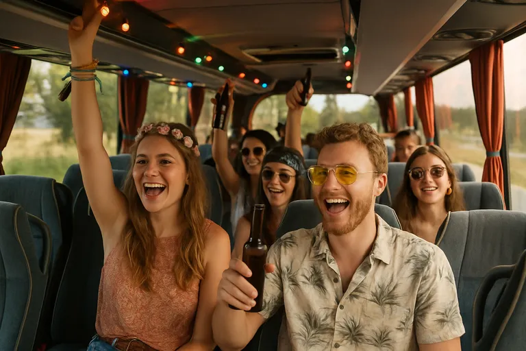 Het feestje begint al in de bus